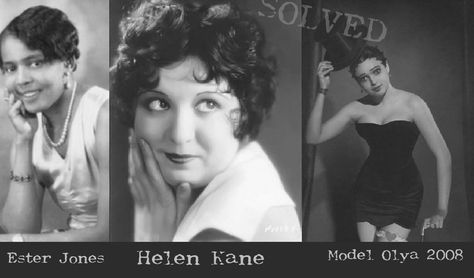 Helen Kane saw Ester Jones perform and copied her singing style for a song. Helen Kane gained popularity for it and soon found her self the inspiration for Betty Boop.  Model Olya is a Ukrainian cosplay model from 2008.  Three different people. An online tabloid mistakenly used Model Olya's photo saying it was a photo of Ester Jones. It pays to research sources. Ester Jones, Helen Kane, Esther Jones, Baby Esther, Black Betty Boop, American Photo, Black Betty, Favorite Cartoon Character, Women Names