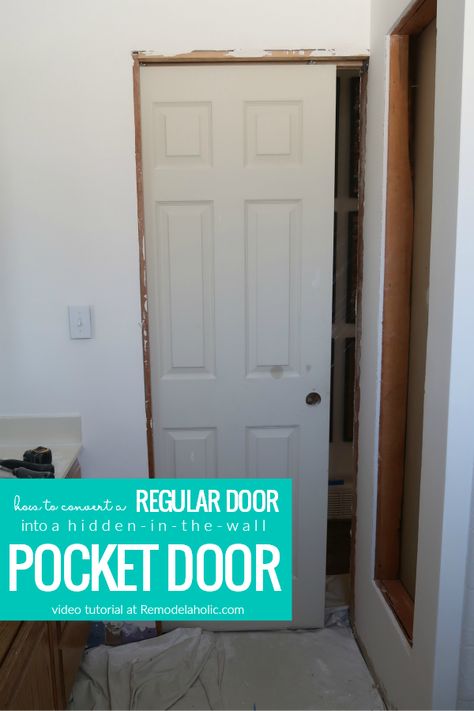 Learn to install a pocket door frame the easy way. A pocket door will save your floor space and open up valuable square footage for behind the door storage, hallway space, and more. Convert your existing door to a hidden pocket door in your existing wall space following our video tutorial. #remodelaholic via @Remodelaholic Pocket Door Bathroom, Pocket Doors Diy, How To Install A Pocket Door, Diy Pocket Door, Pocket Doors Bathroom, Pocket Door Installation, Pocket Door Frame, Storage Hallway, Pocket Door