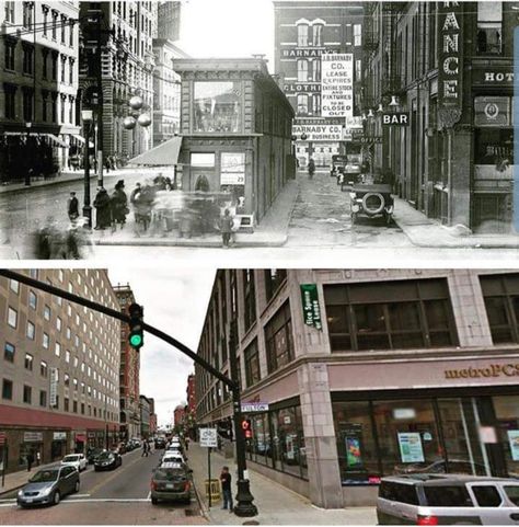 Downtown Providence then and now Downtown Providence, Providence Rhode Island, Rhode Island History, Rhode Island, New England, Street View, Old Things, Road, History