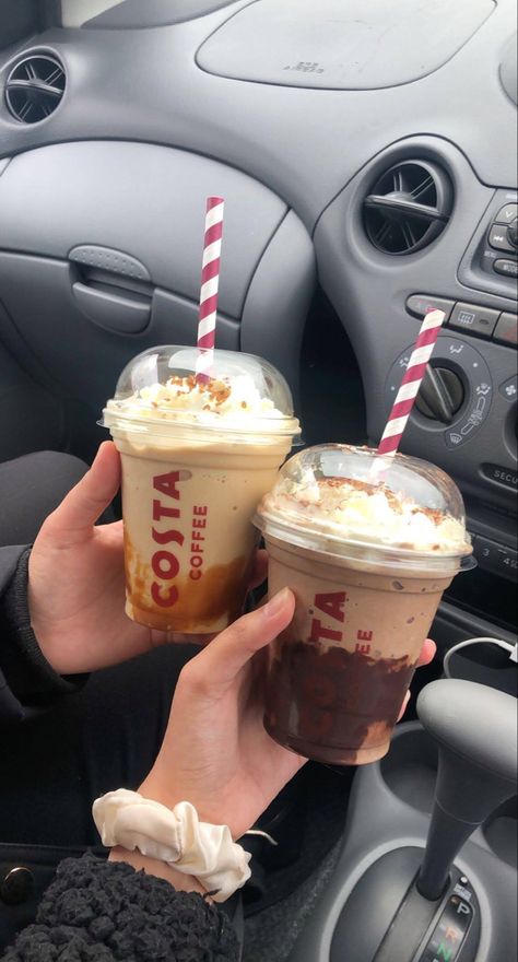 Two frappè’s with whipped cream - caramel and brownie flavour Costa Coffee Drinks, Costa Coffee Cup, Autumn Drinks, Milkshake Bar, Frappuccino Inspired Recipes, Costa Coffee, Coffee Obsession, Caramel Coffee, Sweet Drinks