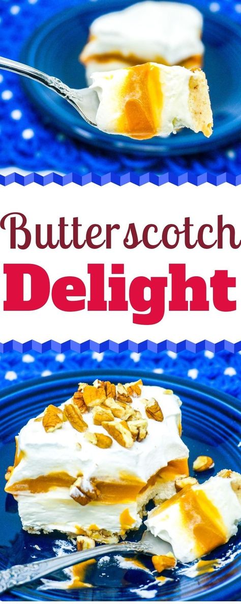 You're going to love this Butterscotch Delight recipe. Made with cream cheese and butterscotch pudding, this dessert is the perfect summertime treat. Learn how to make Butterscotch Delight healthy with low calorie cool whip and lower fat cream cheese. | 4 Layer Delight Butterscotch | Cream Cheese Butterscotch Dessert | Dessert Recipes | Butterscotch Lasagna | Dessert Lasagna | #Butterscotch #4LayerDelight #DessertLasagna #Dessert #CreamCheese Butterscotch Delight Recipe, 4 Layer Delight, Butterscotch Delight, Football Dessert, How To Make Butterscotch, Jiggly Cheesecake, Butterscotch Desserts, Lasagna Dessert, Dessert Lasagna