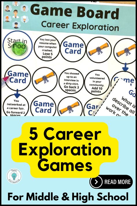 This blog post includes 5 career exploration activities for middle and high school students. These games include a career exploration vocabulary board game, a digital escape room about workplace professionalism and more! Great for family consumer science, life skills high school, high school business, counseling high school and more! Middle School Career Activities, Craft For High School Students, Career Investigation Middle School, Career Exploration Activities Middle School, Career Activities For High School, Career Projects For High School, Career Exploration Activities High School, Career Activities For Middle School, Career Games For High School