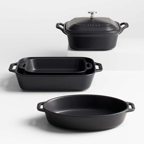 Bakeware Sets: Assorted Baking Pans | Crate & Barrel Black Pot And Pan Set, Black Pots And Pans, Ceramic Bakeware Set, Baking Dish Set, Ceramic Bakeware, Ceramic Baking Dish, Baking Dishes, Breakfast Dinner, Iron Skillets