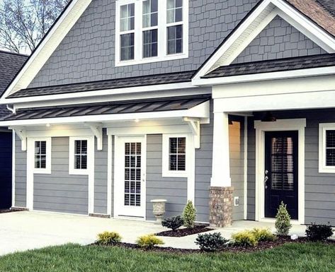 Bilevel Remodel, Dark Gray Siding, Siding Types, Dutch Colonial Exterior, Porch Curb Appeal, Vinyl Siding House, Siding Ideas, House Entry, Grey Siding