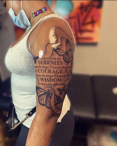 Quart Sleeve Tattoo Women, Rare Shoulder Tattoos For Women, Angle Word Tattoos, Half Seelve Tattoo, Scorpio Tattoo Ideas Female, Paragraph Tattoos For Women On Arm, Upper Arm Tattoos For Women Meaningful, Female Upper Arm Tattoo, Upper Arm Tattoos For Women Sleeve