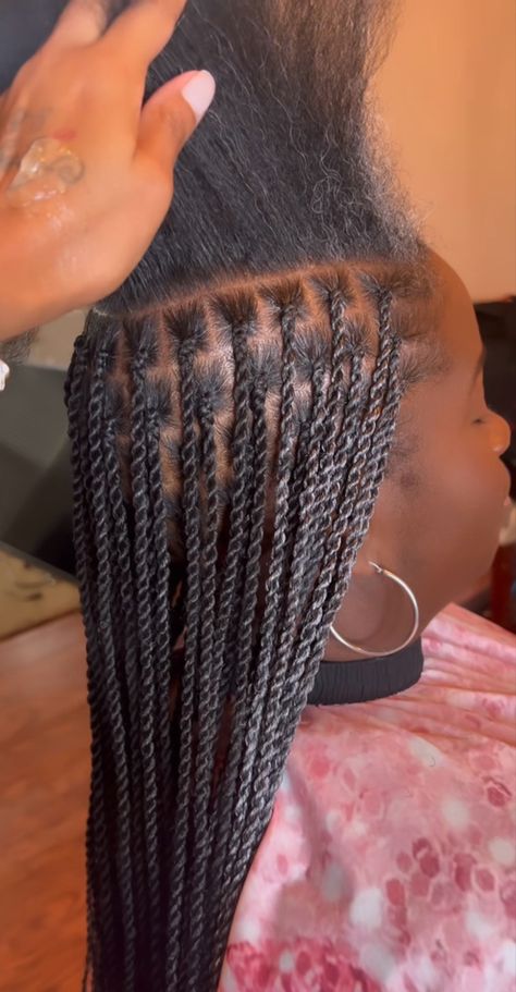 Twisted Knotless Braids, Knotless Senegalese Twist Braids Small, Small Long Twists, Braids With Twist At The End, Knotless Box Twists, Knottles Braids Hairstyle Ideas, Seneglase Twists, Small Rope Twist Braids, Samiyah Core