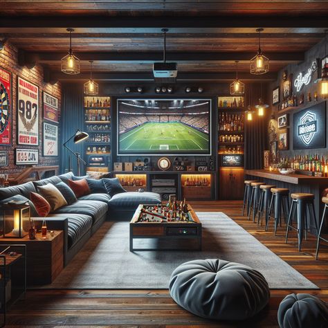 Discover the ultimate man cave, blending rustic charm and modern cool. Experience the plush sectional, pool table, a fully stocked bar, popcorn machine, and a projector for gaming and movies. Decor features include neon signs, sports memorabilia, and a fireplace. #Mancave #HomeDesign #InteriorDesign #GamingRoom #HomeBar #EntertainmentRoom Mancave Layout Ideas, Man Cave Pool House, Sports Entertainment Room, Man Cave Basement Sports, Modern Man Cave Design, Sports Bar Man Cave, Man Cave And Office Combo, Sports Basement Ideas Man Caves, Basement Sports Room