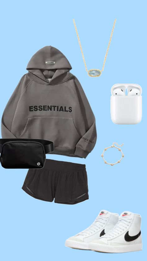 Essentials hoodie outfit with hottyhot shorts and Nike blazers Nike Shorts Outfit For School, Essentials Hoodie Outfit, Shorts And Hoodie, Nike Shorts Outfit, Nike Blazers, Essentials Hoodie, Cute Outfits For School, Hoodie Outfit, Nike Blazer