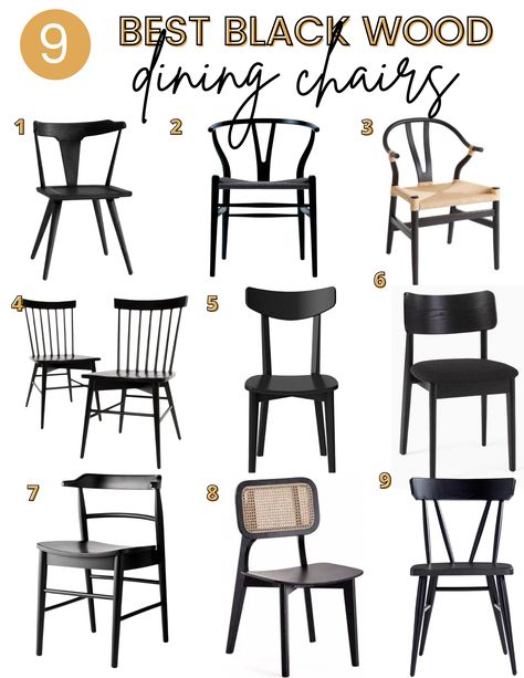 Looking for the perfect black dining chairs? These wood chairs are chic, easy to clean and range in price from $80 and up. Check them out! Black Kitchen Chairs, Black Wood Dining Table, Black Dining Room Table, Black Kitchen Table, Black Dining Room Chairs, Dining Room Table Chairs, Farmhouse Chairs, Modern Farmhouse Dining, Farmhouse Dining Chairs