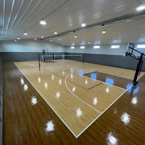 Check out these before and after photos of this pole barn court in Coal City! This court features a full basketball and volleyball court. This court will host many great pickup games. Contact us at 630-350-8652 to build your very own Sport Court. #basketball #volleyball #sportcourt #sportcourtmidwest Volleyball Court In House, Indoor Volleyball Court Home, Home Volleyball Court, Home Basketball Court Indoor, Indoor Volleyball Court, Basketball And Volleyball, Indoor Sports Court, Home Basketball Court, Court Basketball