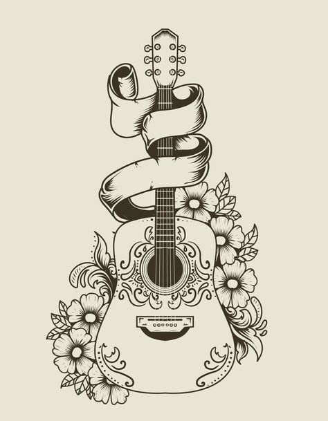 Country Music Tattoos, Acoustic Guitar Tattoo, Acoustic Guitar Art, Guitar Sketch, Memorial Design, Guitar Tattoo Design, Guitar Illustration, Guitar Drawing, Guitar Tattoo