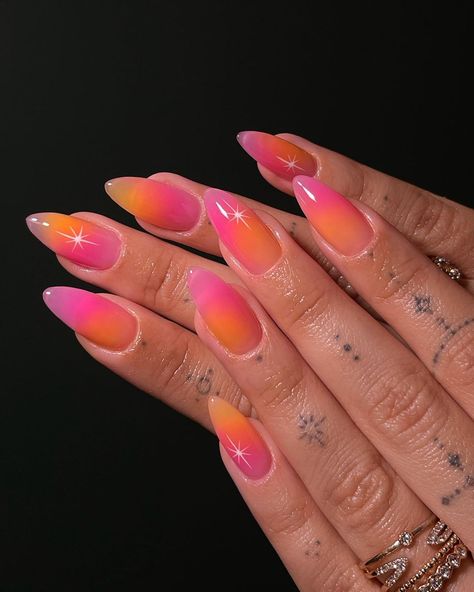 Orange N Pink Nails, Simple Nails Colorful, Orange Sherbert Nails, Pink Orange Almond Nails, Orange Pink Nails Acrylic, Orange Pink And Purple Nails, Sherbet Orange Nails, Orange Gel X Nails, Orange Pink Nail Art