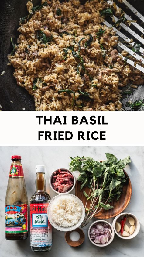 Make easy and delicious Thai Basil Fried Rice at home. A restaurant-worthy dish that's full of savory umami flavor and only takes 15 minutes to make! Lots of aromatic Thai Basil and a chili garlic paste make this simple recipe shine. Serve with a fried egg for a satisfying, quick meal. Thai Fried Rice Recipe, Thai Basil Fried Rice, Fried Rice At Home, Basil Fried Rice, Thai Fried Rice, Gluten Free Fish, Chili Garlic Paste, Asian Dinners, Thai Basil