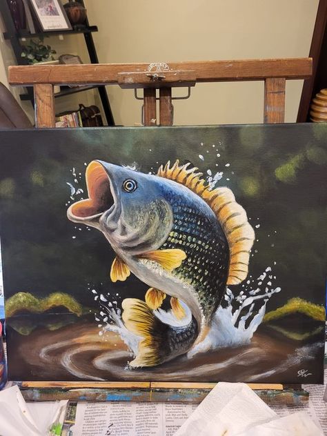 Acrylic Painting Tutorials For Beginners, Michelle The Painter, Painting Tutorials For Beginners, Painted Saws, Painting Fish, Sunset Canvas Painting, Bass Fish, Water Splash, Wildlife Paintings