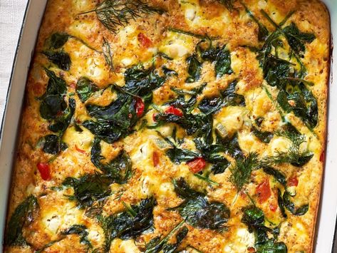 Make-Ahead Baked Greek Omelet | The Kitchn Egg Casserole, Frozen Spinach, Spinach And Cheese, Spinach And Feta, Make Ahead Breakfast, Fresh Dill, Feeding A Crowd, Peanut Free, Omelet