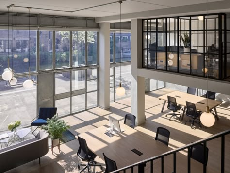 Dominic McKenzie Architects creates industrial-style office for music studio Industrial Warehouse Office Design, Office Mezzanine, Warehouse Office Design, Plan Photoshop, Industrial Style Office, Arch Inspiration, Double Volume, Breeze Block Wall, Agency Office