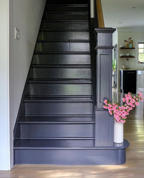 Black Staircases, Painted Wood Stairs, Black Painted Stairs, Black Stair Railing, Stairs Colours, Black Staircase, Entryway Stairs, Painted Staircases, Black Stairs