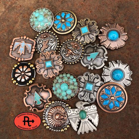 Replacement conchos for Running Roan Tack items. As you select each option, the display photo will change to a closeup picture of the concho you have selected. We use one size of concho on all of our products. Each concho is shipped with two screws (a short one and a long one) so they're ready to be installed on any of our products. Intended for use with Running Roan Tack brand products only. All sales are final on this product, no returns or exchanges allowed. Conchos For Saddles, Saddle Conchos, Wither Strap, Clear Handbags, Western Tack, Checkbook Covers, Spur Straps, Horse Bridle, Cowgirl Jewelry