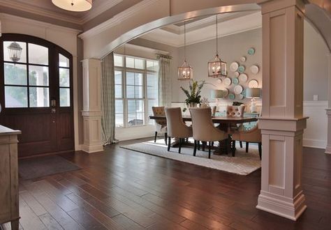 Arched Doorway, Neutral Dining Room, Interior Columns, House Of Turquoise, Dining Room Remodel, Open Dining Room, Villa Plan, Elegant Dining Room, Dining Room Chandelier