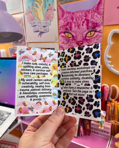 i made these cute lil mini zines about who i am & what i do & where to find my work to hand out at an artists networking event ✨🌈 if you want to commission something like this from me, lmk 😘 what do you think? 🥰 #colorful #rainbow #artistsofinstagram #artistsoninstagram #ithacany #disabledartist #queerartist #cute #zines #minizine Mini Zine, Zine Ideas, Networking Event, Colorful Rainbow, You Think, Thinking Of You, Paper Crafts, Rainbow, Quick Saves