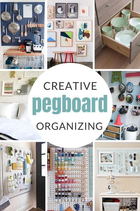 Creative Pegboard Organizing Ideas: Pegboards have infinitely creative uses well beyond your garage. Solve your organizing problems with these 12 genius pegboard organizing ideas for all areas of your house. Pegboard Office Ideas, Pegboard Headboard, Pegboard Kitchen, Ikea Pegboard, Pegboard Storage, Mobile Home Makeover, Cheap Organization, Pegboard Organization, Creative Organization