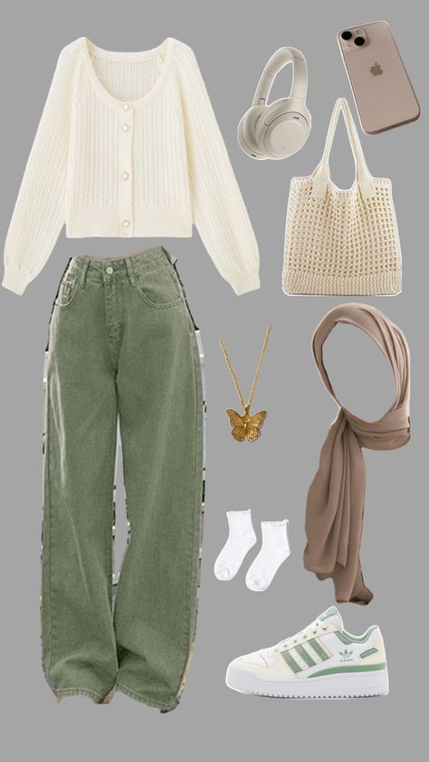 Perfect for the hijabis as well 🧕💕 Casual Cream Outfits, Light Green And Brown Outfit, Green Cream Outfit, Beige And Green Outfit, Green And Cream Outfit, Green Outfit Hijab, Green Wide Leg Pants Outfit, Cream Outfit, Neutral Green