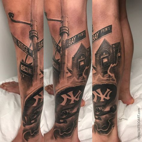 Street Signs Tattoo, Brooklyn Tattoo Ideas, Bronx Tattoo, Nyc Tattoo Ideas, Street Sign Tattoo, Mob Tattoo, Tattoo Collage, Ny Tattoo, Tattoo Font For Men