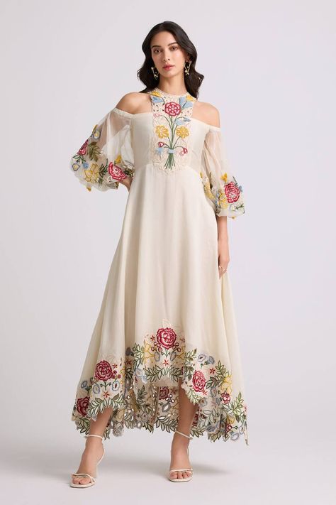 Ivory embroidered halter neck dress for women Embroidery Dress Wedding, Chanderi Dress, Floral Applique Dress, Cold Shoulder Sleeves, Floral Halter Dress, Applique Shirts, Ivory Dresses, Applique Embroidery, Beaded Applique