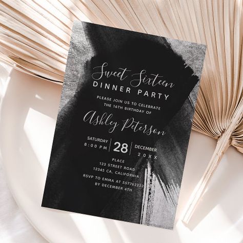 Black Silver Chic Brushstrokes Typography Sweet 16 Invitation #zazzle #weddinginvitations #birthdayinvitations #babyshowerinvitations #zazzleinvitations #monogram #businesscards #graduation #homedecor Sweet 16 Dinner, 16 Gifts, Sweet Sixteen Party, 16 Invitations, Silver Invitation, Sweet 16 Gifts, Sweet Sixteen Parties, Sweet Sixteen Birthday, Black Invitation