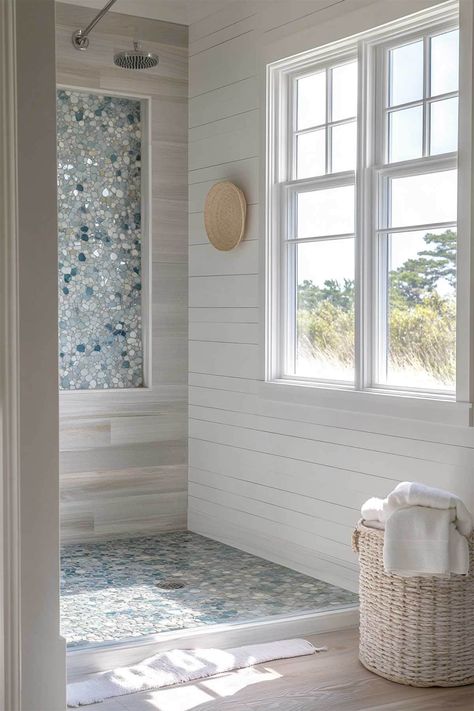 sea glass tiled shower Coastal Shower Tile Ideas, Glass Shower Walls, Coastal Guest Bathroom, Coastal Bathroom Ideas, Modern Coastal Bathroom, Sea Glass Tile, Glass Tile Shower, Modern Coastal Interior Design, Glass Shower Wall