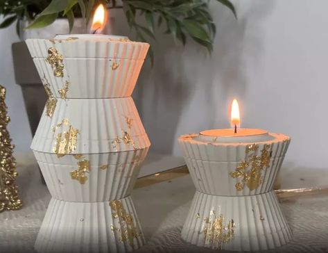 Add a touch of glamour to your home décor with these gorgeous gold leaf candle holders. Follow our simple step-by-step tutorial today to make your own. Diy Cupcake Candle, Plaster Paris, Paris Cupcakes, Candle Holders Diy, Silicone Cupcake Molds, Paris Crafts, Silicone Cupcake Liners, Pottery Barn Style, Diy Table Lamp