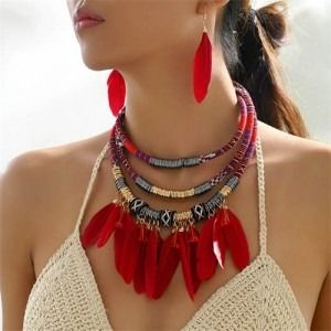 Bohemian Fashion Feather Tassel Design Triple Layer Bold Wholesale Costume Necklace and Earrings Set - Red Afrikaanse Mode, Boho Feathers, Boho Choker, Costume Necklaces, Boho Style Jewelry, Multi Layer Necklace, Women's Jewelry Sets, Fashion Jewelry Sets, Feather Pendant