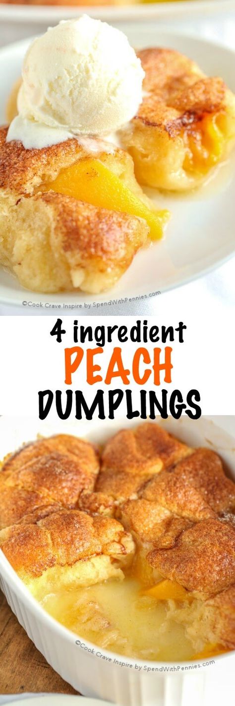 This is one of our favorite desserts! These 4 Ingredient Peach Dumplings are so easy to make with just 4 ingredients!  Tender peaches in a soft warm crust with a peachy sauce.  Perfect with ice cream!   with delicious canned peaches and crescent rolls they're easy to make and even easier to eat! Fruit Dumplings, Peaches Recipes, Carmel Cake, Peach Dumplings, Desserts Party, Weight Watcher Desserts, Beach Snacks, Peach Dessert, Diy Easy Recipes