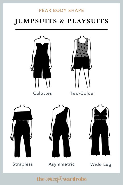 the concept wardrobe | A selection of great jumpsuit & playsuit styles for the pear body shape. Straight or flaring leg styles work best for this body shape. Add some interest and volume to the upper part. Apple Shape Jumpsuit, Best Clothes For Apple Shape, Oval Body Shape Outfits, Round Body Shape Outfits, Apple Body Type Outfits, Outfit Apple Shape, Hourglass Body Shape Fashion, Pear Body Shape Fashion, Hourglass Body Shape Outfits