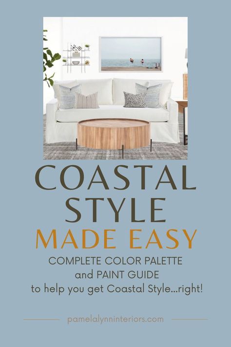 Stop Stressing and start painting. Get Coastal Style in your home and get it right the first time! Color Expert has created a complete paint palette with Sherwin Williams and Benjamin Moore options. All selected for you, including accent colors and trim colors. It's easy to create the Coastal look and feel in your home with this compelte color guide. Coastal Color Scheme, Coastal Design Style, Paint Color Guide, Paint Palettes, Stop Stressing, Trim Colors, Start Painting, Favorite Paint Colors, Sherwin Williams Paint Colors