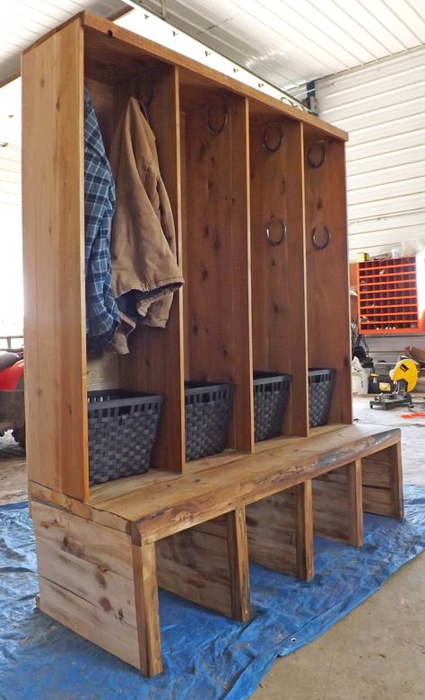 Cama Closet, Diy Entryway Bench, Armoire Entree, Mudroom Closet, Mudroom Makeover, Mudroom Lockers, Hunting Room, Boot Storage, Rustic Entryway