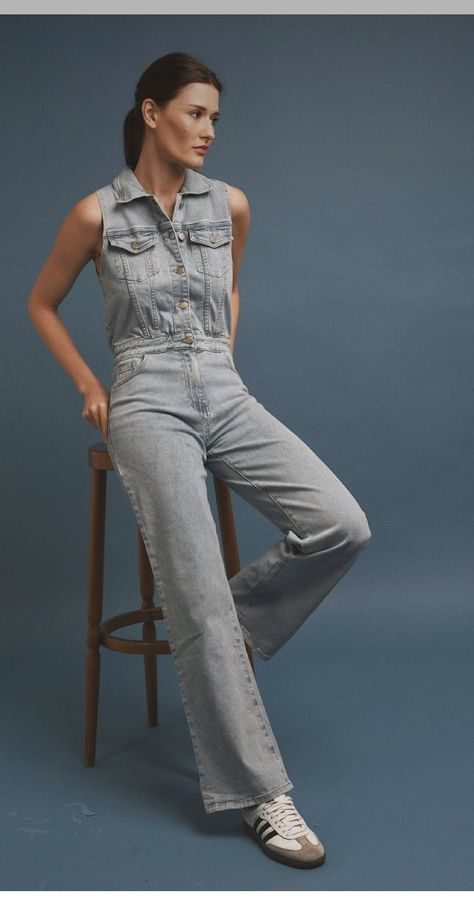 Sleeveless Pantsuit, Silver Buttons, Light Blue Denim, Jeans Denim, Patch Pocket, Celebrity Style, Blue Denim, Light Blue, Jumpsuit