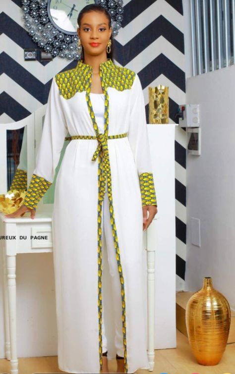 White Long Jacket, Long African Dresses, Mode Kimono, Best African Dresses, African Fashion Skirts, African Dresses Modern, African Wear Dresses, African Fashion Ankara, African Fashion Modern