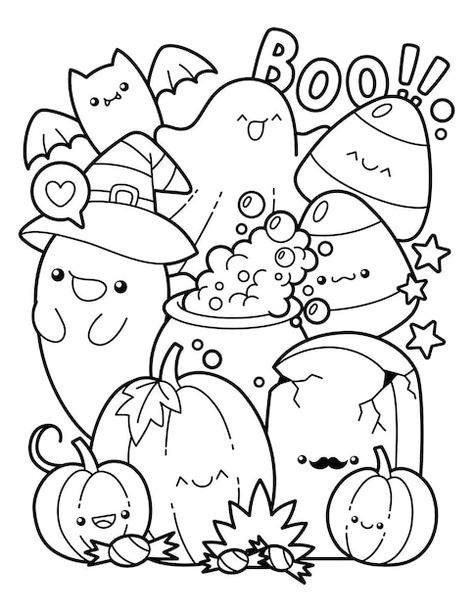 Vector cute and kawaii halloween charact... | Premium Vector #Freepik #vector #grave #book #color #background Kids Colouring Printables, Fall Coloring Sheets, Halloween Coloring Pages For Kids, Cute Halloween Coloring Pages, Halloween Coloring Sheets, Witch Coloring Pages, Halloween Character, Halloween Coloring Book, Pattern Coloring Pages