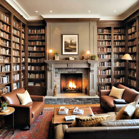 Living Room Library Fireplace, Library With Fireplace Bookshelves, Fireplace In Library, Cozy Library Room Ideas Reading Areas, Cozy Library Room Ideas, Cozy Library Room, Fireplace Library, Dream House Library, Home Library Ideas