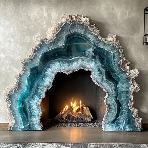 A geode fireplace is a stunning centerpiece that blends the natural beauty of geology with the warmth and comfort of a modern hearth. Crafted to mimic the intricate formations found inside geodes, the fireplace features a crystalline interior that shimmers with vibrant hues when illuminated by the flickering flames. The exterior is rugged and textured, resembling the raw outer shell of a geode, while the inside reveals a dazzling array of crystals, offering a captivating contrast. Perfect for... Geode Fireplace, Modern Hearth, Fantasy Journal, Dream Building, Geode Art, The Fireplace, Outdoor Sculpture, Crystal Art, Product Photos