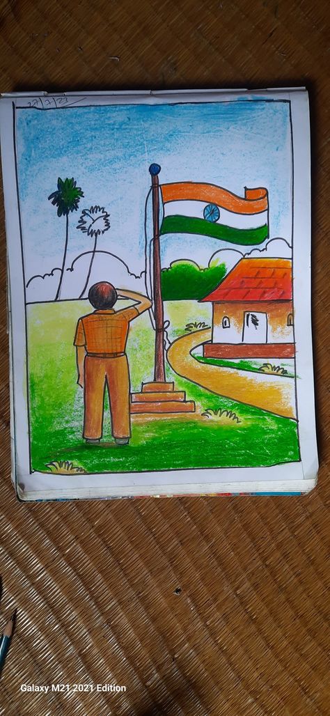 Independent day drawing of oil pastel Independent Day Poster Drawing, Independent Day Drawing Ideas, Independent Day Drawing, Scenery Drawing For Kids, Memory Drawing, Independence Day Drawing, Independent Day, Oil Pastel Colours, Boy Drawing