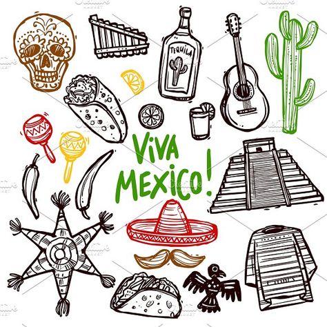 Mexico doodle icons set by Macrovector on @creativemarket #sponsored #graphicassets #graphicdesign #design #art #motivational #graphic #designs #graphicscollection #template Mexico Tattoo, Inspired Drawings, Doodle Icons, Holiday Symbols, Mexico Design, Mexican Holiday, Mexico Culture, Doodle Icon, Dot Journals