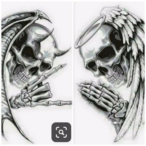 #tattooideas #skull #skulltattoo #goodandevil Sick Skull Tattoos, Angel Skull Tattoo, Demon Skull Tattoo Design, Evil Angel Tattoo, Skull Neck Tattoo, Evil Tattoo Designs, Cool Skull Tattoos, Good Vs Evil Tattoo, Angel Demon Tattoo