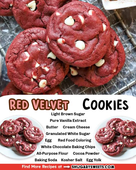 Light cocoa flavor and a gorgeous scarlet hue make these Red Velvet Cookies irresistible. With white chocolate chips in each bite, these melt-in-your-mouth cookies add sweetness to Valentine's Day, Christmas. . .or ANY day! Red Chocolate Chip Cookies, Red Velvet Cookie Recipe, Velvet Recipes, Cookies Light, Christmas Cookie Swap, Drop Cookie Recipes, Romantic Desserts, Red Velvet Recipes, Pecan Pies