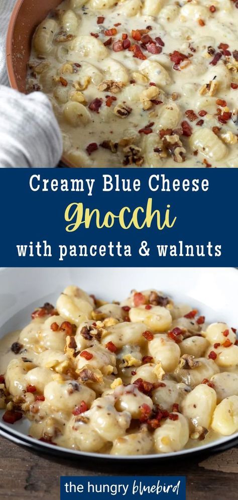 This gnocchi is perfect for special occasions when you need a simple yet sophisticated meal. The pasta is cooked up and combined with a creamy blue cheese sauce that's accented with pancetta to mellow out the strong cheese flavor and walnuts for crunch. Blue Cheese Pasta Sauce, Cheese Gnocchi, Blue Cheese Pasta, Creamy Cajun Pasta, Crispy Pancetta, Blue Cheese Recipes, Blue Cheese Sauce, Homemade Gnocchi, Gnocchi Recipes