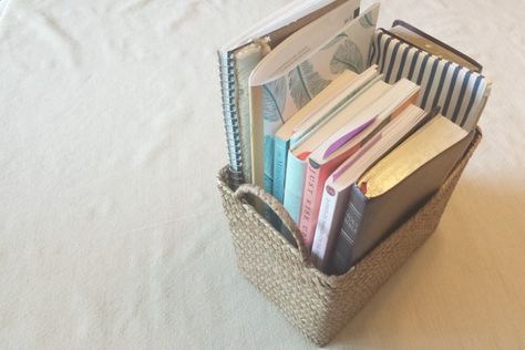 Quiet Time Basket, Morning Baskets, Book Basket, Bible Books, Bible Bag, Personal Bible Study, Book Crafts Diy, Bible Book, Devotional Journal