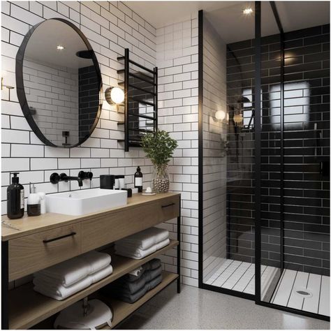 Small Black And White Bathroom, Modern Bathroom Design Black, Bathroom Inspo Interior Design, Black Tile Bathrooms, Black And White Tiles Bathroom, Black And White Bathroom, Bathroom Design Black, Black White Bathrooms, Bed In Closet Ideas