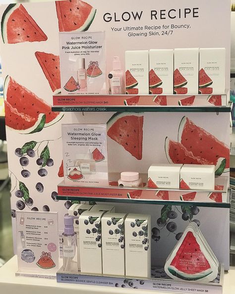 Sephora Watters Creek on Instagram: “One of the cutest brand assortment display by @glowrecipe 🍉 Achieve a youthful glow ✨ with their products! The Watermelon Glow Sleeping…” Sephora Display, Merch Display, Sephora Store, Watermelon Glow, Visual Merchandising Displays, Sephora Skin Care, Glow Recipe, Sheet Masks, Merchandising Displays