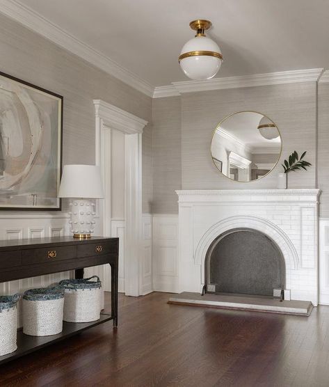 Platinum Gray Grasscloth Wallpaper with Wainscoting - Transitional - Entrance/foyer Grasscloth Wallpaper Accent Wall, Wallpaper With Wainscoting, Gray Grasscloth Wallpaper, Wallpaper Entryway, Grey Grasscloth Wallpaper, Window Seat Nook, Settee Dining, Grass Wallpaper, Black Console Table